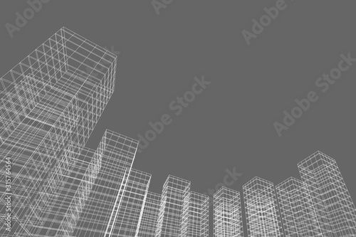 Abstract architectural background. Linear 3D illustration. Concept sketch. Vector