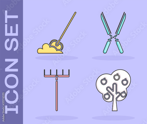 Set Tree with apple, Shovel in the ground, Garden rake and Gardening handmade scissors for trimming icon. Vector