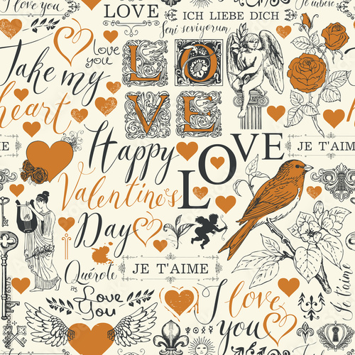 Vector seamless pattern on the theme of Valentines day with red hearts, angels, flowers, birds and inscriptions. Abstract background with the words I love you in different languages in retro style.