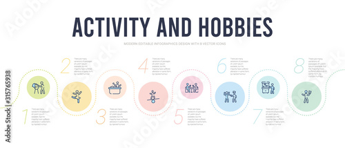 activity and hobbies concept infographic design template. included acting, aquarium, arrest, baccarat, balancing, ball pit icons