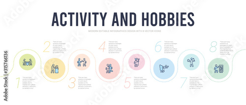 activity and hobbies concept infographic design template. included collecting, coloring, comic, cosplaying, couple huging, dealer icons