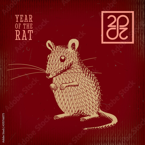 Year of the Rat 2020 Inverted Comic Creative Concept with Mouse Standing on Back Paws and Zeroes Making Mobius Loop Logo Lettering - Gold on Red Background - Hand Drawn Graphic Design © Drug Naroda