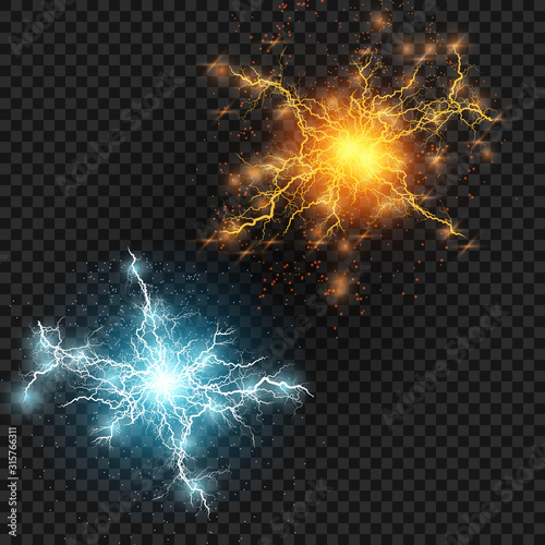  Lightning flash light thunder sparks on a transparent background. Fire and ice fractal lightning, plasma power background vector illustration