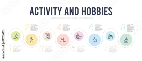 activity and hobbies concept infographic design template. included skiing, wood carving, yoyo, knife making, sand art, rappelling icons