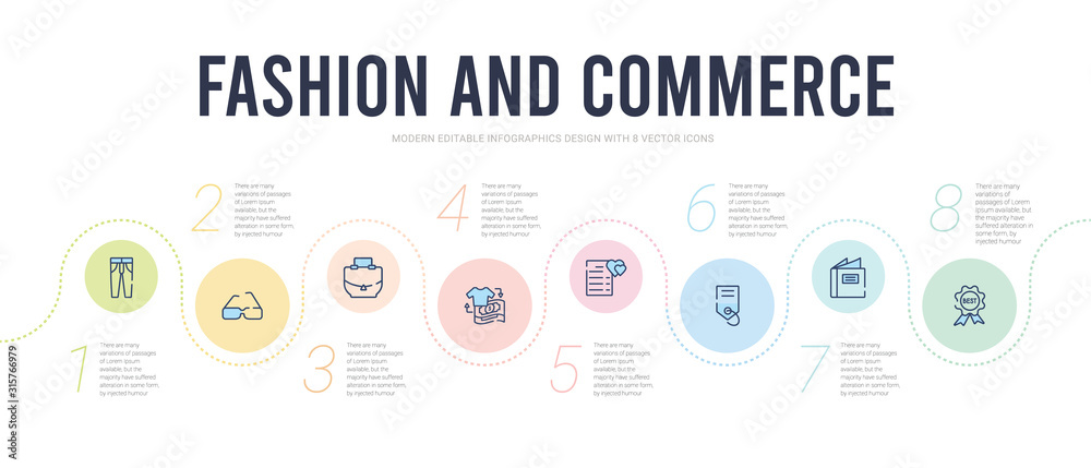 fashion and commerce concept infographic design template. included best, catalogue, brand, wishlist, refund, hand bag icons