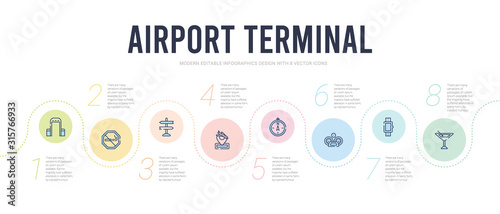 airport terminal concept infographic design template. included martini with olive, modern wirstwatch, flight panel, compass pointing north east, airport placeholder, direction post icons