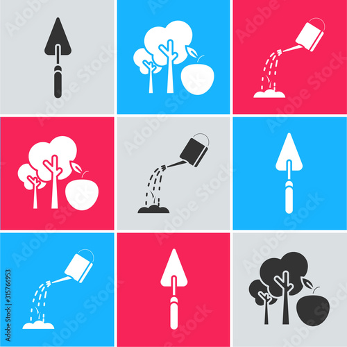 Set Garden trowel spade or shovel, Tree with apple and Watering can with water icon. Vector photo