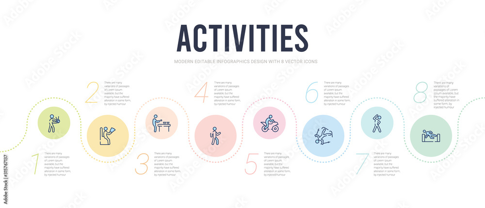 activities concept infographic design template. included parkour, aerobic, freestyle, motorcycle, walking, beer pong icons