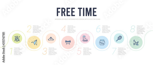 free time concept infographic design template. included gardening, table tennis, fish tank, roller, table football, camping icons