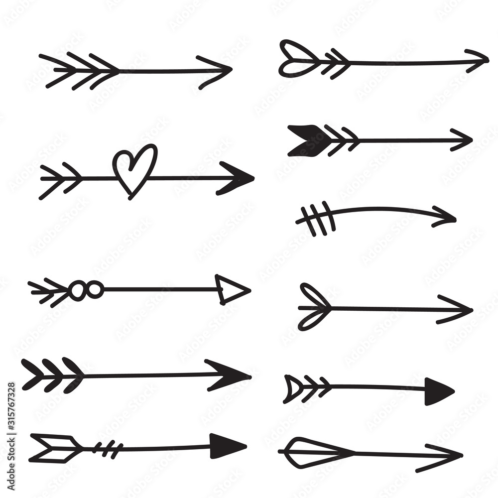 Fototapeta premium Doodle hand drawn bow arrows set isolated on white background