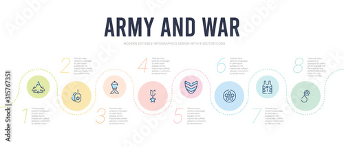 army and war concept infographic design template. included bomb detonation, bulletproof, chamber, chevrons, condecoration, depth charge icons