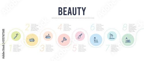 beauty concept infographic design template. included candle flower, shower place, liner, hair curler, hairdresser scissors, relaxing massage icons