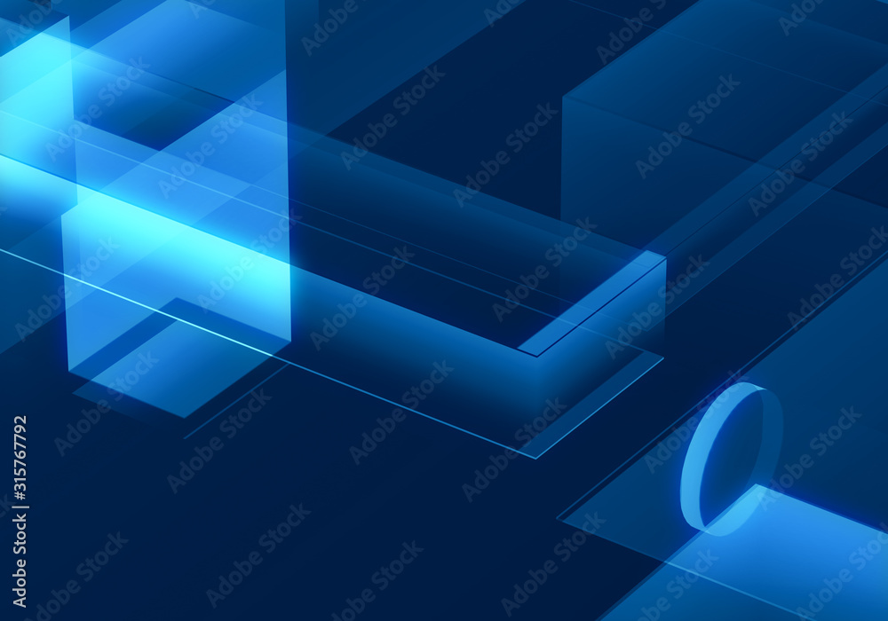 Fototapeta premium Cyber blue isometric neon city virtual reality background. Abstract technology innovation future digital background. 3d rendering.