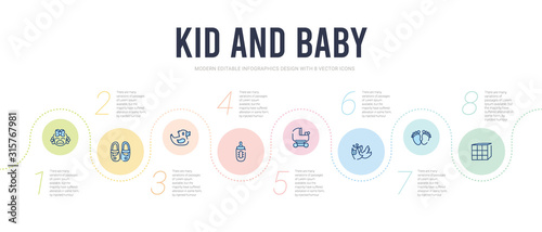 kid and baby concept infographic design template. included cubes, footprints, stork, baby carriage, feeding bottle, rubber duck icons