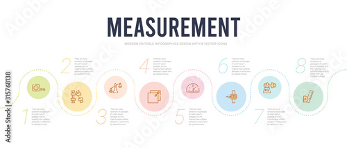 measurement concept infographic design template. included square measument, heavy weight, heart meter, speed indicator, resize square, roman scale icons