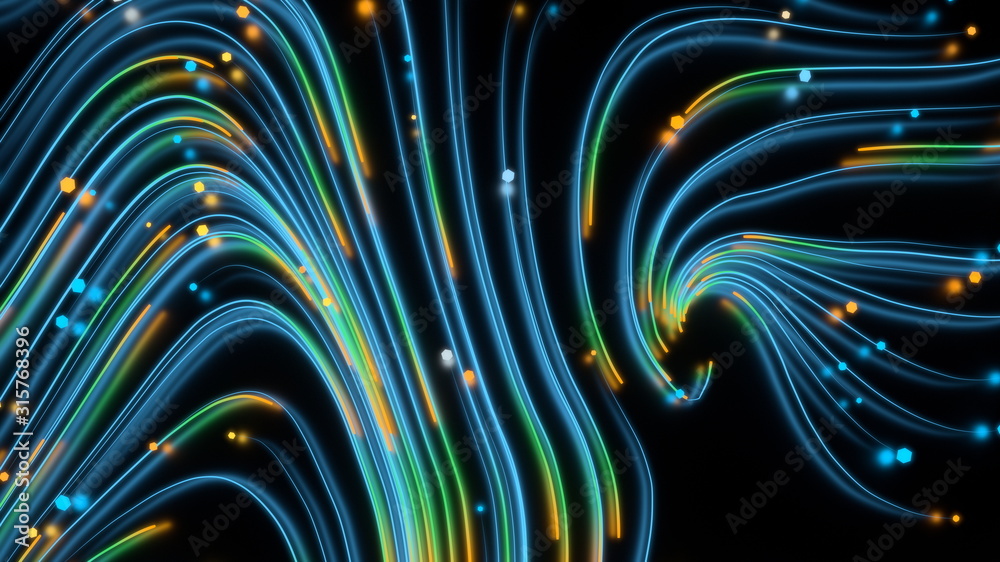 Neon glowing twisted cosmic lines on the surface of the planet. Beautiful swirls, bright turbulence curls reflected on the sphere. Fluid and smooth astronomy vortex structure. 3d rendering Abstract Neon glowing twisted cosmic lines on the surface of the planet. Beautiful swirls, bright turbulence curls reflected on the sphere. Fluid and smooth astronomy vortex structure. 3d rendering Abstract