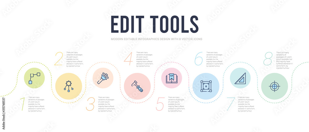 edit tools concept infographic design template. included registration mark, school triangle, free transform, quark, cobbler, calipers icons