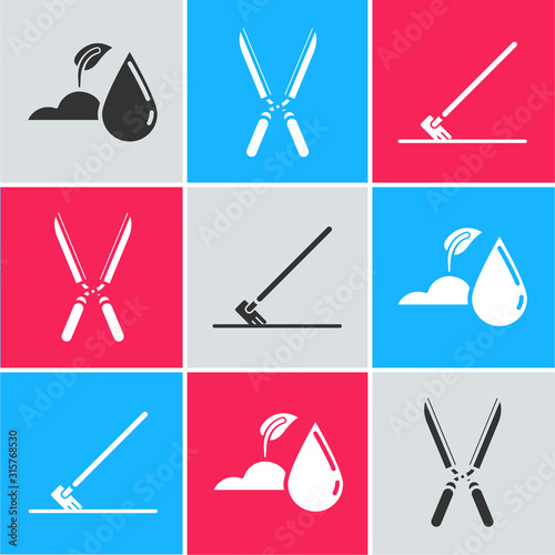 Set Watering sprout, Gardening handmade scissors for trimming and Garden rake in work icon. Vector