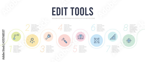 edit tools concept infographic design template. included registration mark, school triangle, free transform, quark, cobbler, calipers icons