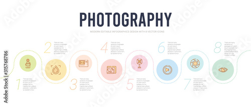 photography concept infographic design template. included eye, exposure, play video, spotlight, resolution, aspect icons