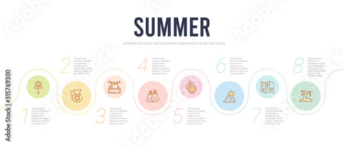 summer concept infographic design template. included island, travel guide, mountains, fig, flippers, bar icons
