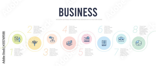 business concept infographic design template. included quarter pie chart, bussines briefcase, email contacts, dollar analysis bars chart, increasing stocks graphic of bars, businessman talking about
