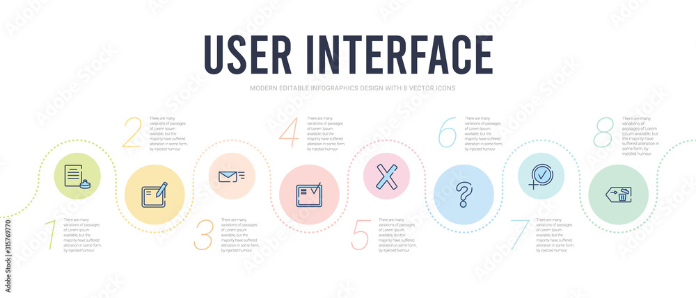 user interface concept infographic design template. included delete button, round add button, round help button, round delete tick box, email envelope icons