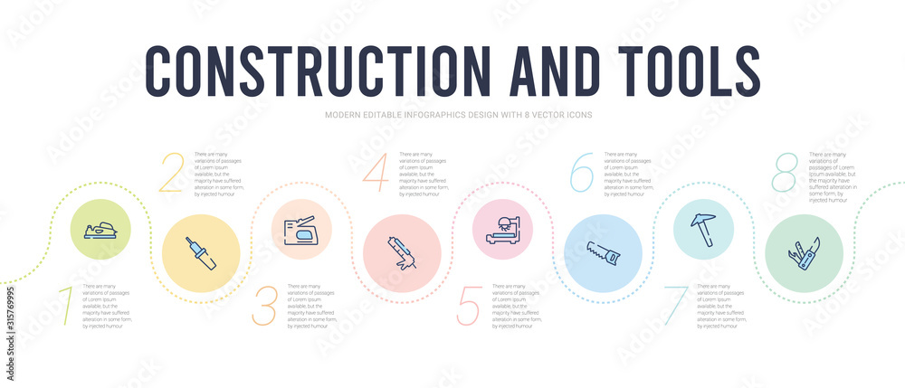 construction and tools concept infographic design template. included jackknife, pickaxe, handsaw, chop saw, sealant gun, staple gun icons construction and tools concept infographic design template. included jackknife, pickaxe, handsaw, chop saw, sealant gun, staple gun icons