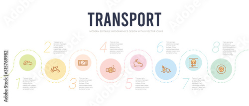 transport concept infographic design template. included wheel vehicle part, car and key, media company truck with satellite, journalist van, zero emission badge, crate icons