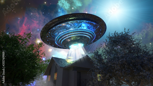 Fotografia ufo flying saucer over the house, 3D render