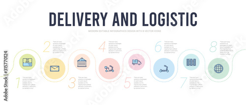 delivery and logistic concept infographic design template. included worldwide, pallet, scooter, logistics, shipping, container icons