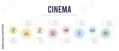 cinema concept infographic design template. included hd video, 3d glass, papper cup with straw, proffesional video camera, theatre screen, satellite tv dish icons