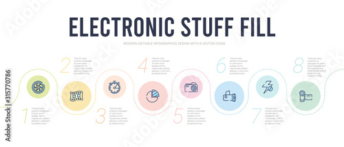 electronic stuff fill concept infographic design template. included handy cam, flash, reflector, digital camera, quarter, minute countdown icons