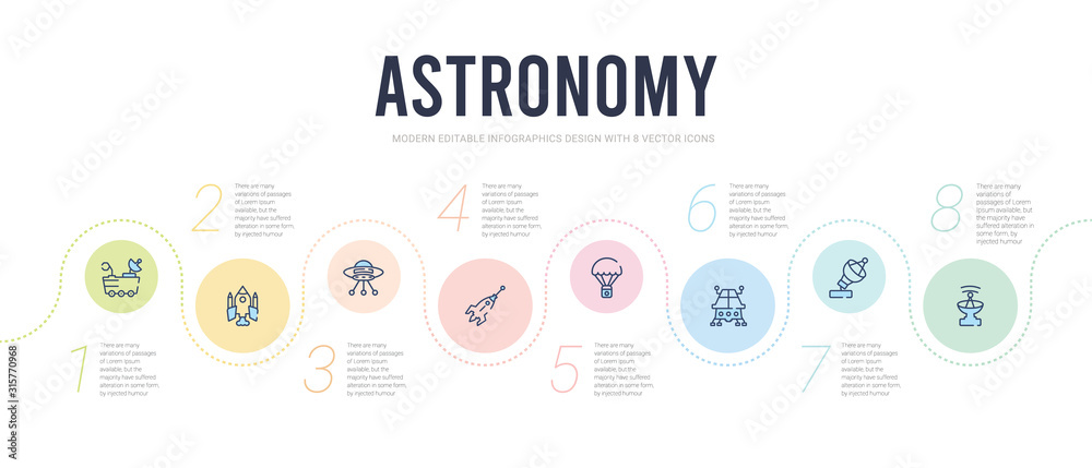 astronomy concept infographic design template. included radar system, radar pointing up, space lander, capsule parachute, space rocket, ufo flying icons astronomy concept infographic design template. included radar system, radar pointing up, space lander, capsule parachute, space rocket, ufo flying icons