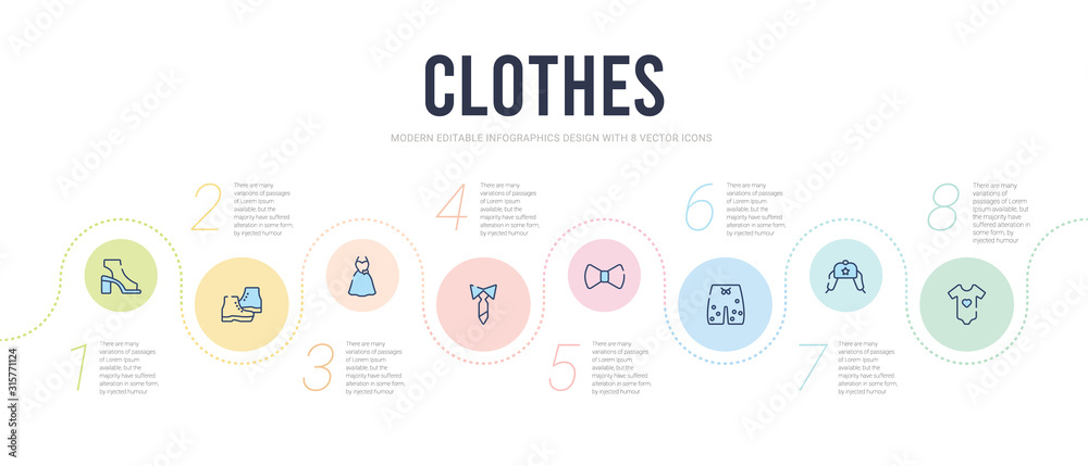 clothes concept infographic design template. included baby grow, ushanka, swim shorts, butterfly tie, necktie, vintage dress icons clothes concept infographic design template. included baby grow, ushanka, swim shorts, butterfly tie, necktie, vintage dress icons