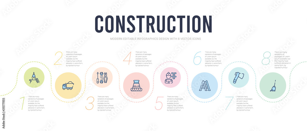 construction concept infographic design template. included sweeping broom, inclined ax, double ladder, constructions, road stopper, three tools icons