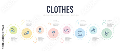 clothes concept infographic design template. included baby grow, ushanka, swim shorts, butterfly tie, necktie, vintage dress icons photo