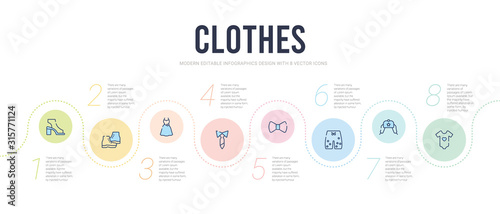 clothes concept infographic design template. included baby grow, ushanka, swim shorts, butterfly tie, necktie, vintage dress icons