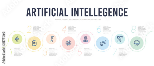 artificial intellegence concept infographic design template. included oculus rift, organ printing, outer space, personal assistant, processing, prosthesis icons