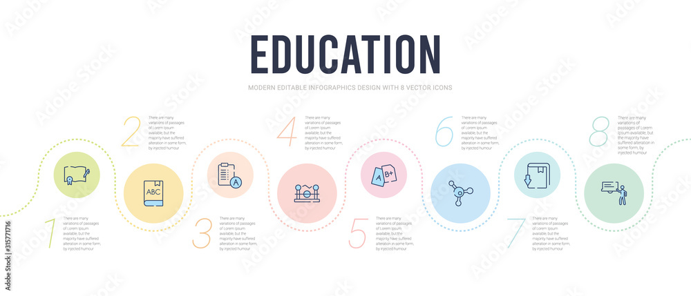 education concept infographic design template. included university class, download book, atomic theory, school cart, theory of relativity, test results icons
