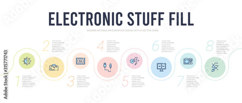 electronic stuff fill concept infographic design template. included flash off, camera screen, screen grid, auto flash, usb cable, camera big screen size icons