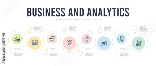 business and analytics concept infographic design template. included revenue, round value chart, search analytics, setting flow interface, sine waves analysis, stock data analysis icons