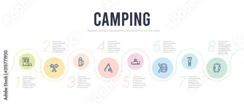 camping concept infographic design template. included carabiner, flashlight, raft, rafting, canteen, thermo icons