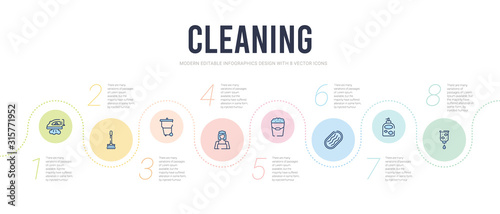 cleaning concept infographic design template. included wiping vacuum tool, wiping soap, wiping sponge tool, tray tool, woman head, trash container icons