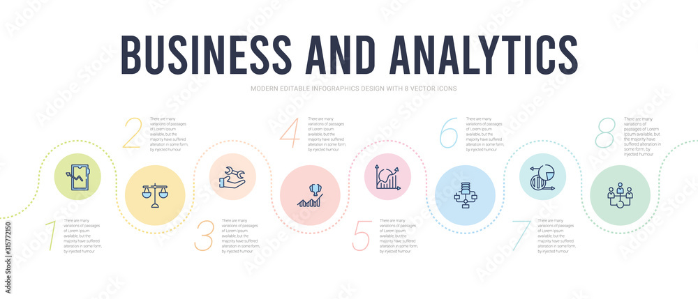 business and analytics concept infographic design template. included users interconnected, value chart, variety, wave chart, achievement, production icons