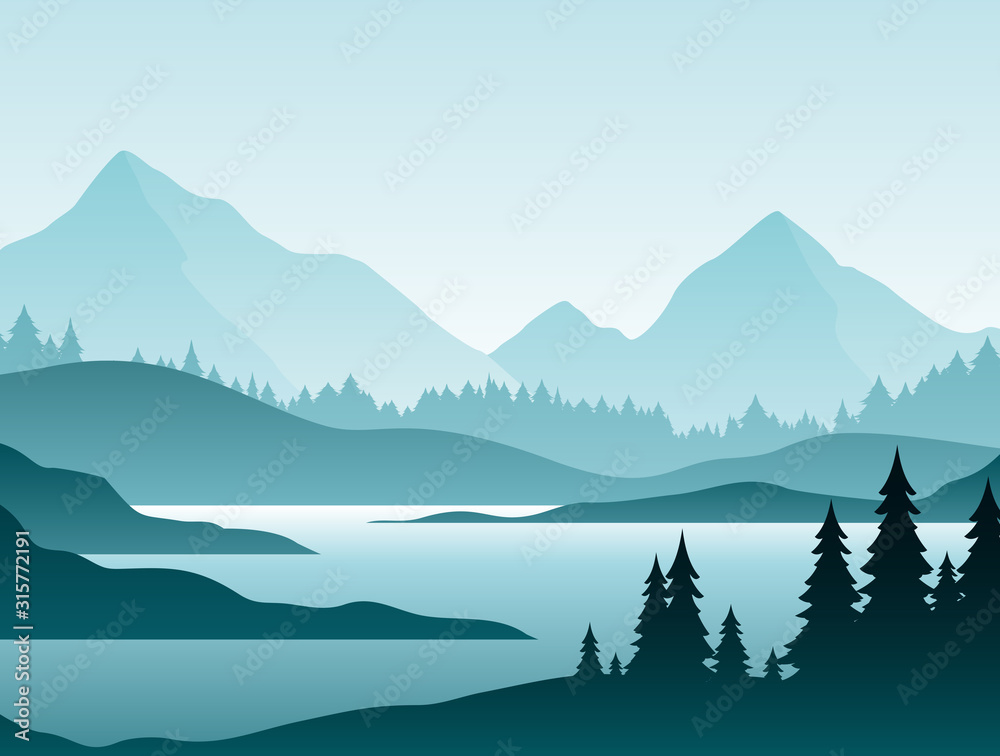 Forest foggy landscape flat vector illustration. Nature scenery with fir trees and hill peaks silhouettes on horizon. Mountain valley and river in early morning scene cartoon background. - obrazy, fototapety, plakaty 