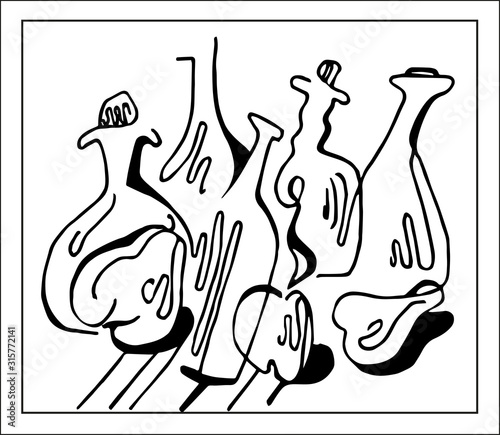 still life Bottles and fruits, contour black and white. Abstract hand drawn .Graphics linear illustration