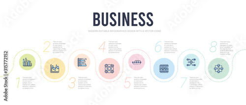 business concept infographic design template. included connection box chart, infographic elements, marketing chart, points connected chart, item interconnections, horizontal bar icons