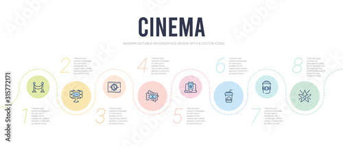 cinema concept infographic design template. included famous cinema star, take away drink, drink with straw, buy tickets online, tickets, film counter icons