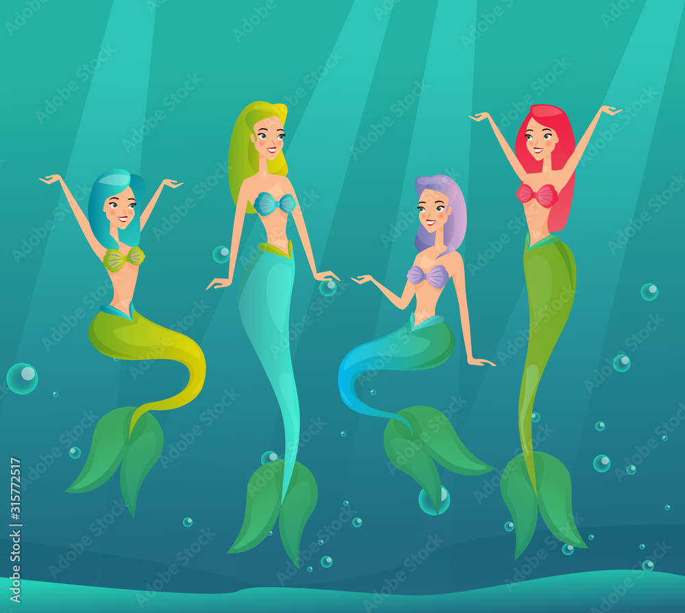 Mermaids swimming flat vector illustration. Fantasy underwater